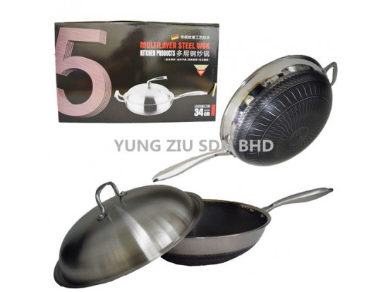 (STEEL COVER) 34CM HONEYCOMB NON-STICK WOK(IN AND OUT LAYER HONEYCOMB)